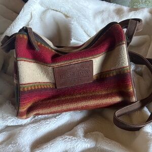 Pendleton Red and Cream Striped Wool Crossbody with Brown Fabric Trim